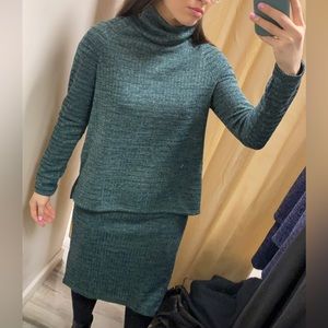 Dark Green Knit Turtleneck Set- Sweater and Skirt
